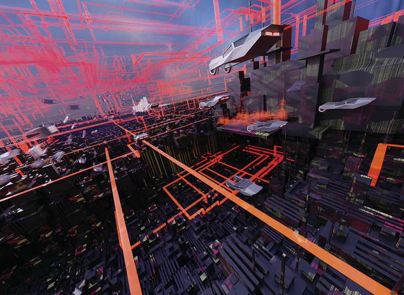 3D blade runner style, algorithmically generated blade-runner crossed with light runner Futuristic cityscape with neon lights and flying vehicles. View is isometric between building shot.