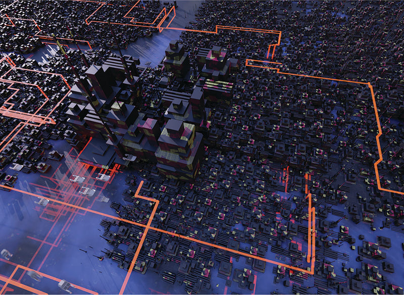 3D blade runner style, algorithmically generated blade-runner crossed with light runner Futuristic cityscape with neon lights and smog. View is isometric drone shot showing the programattic generation of the city.