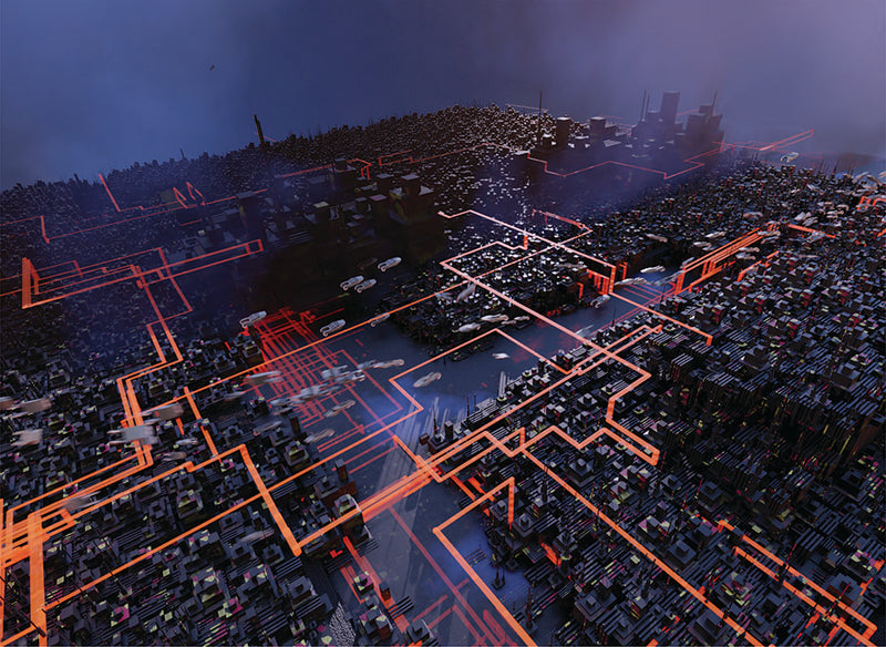 3D blade runner cityscape with red network lines overlay, resembling a digital map, view is isometric third person drone view of the neon lights and smog including the capital of the city and slums.