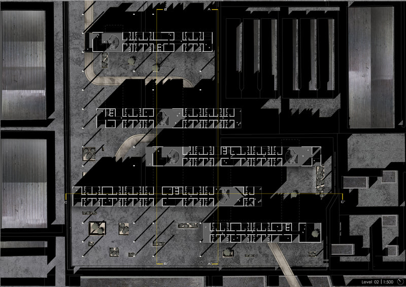 Top-down floor plan 3d render of the Sharjah's worker's housing showing different rooms, strong shadows and a grunge aesthetic. parts of the ground floor including walkway showing through.