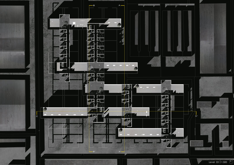 Top-down floor plan 3d render of the Sharjah's worker's housing showing different rooms, strong shadows and a grunge aesthetic.