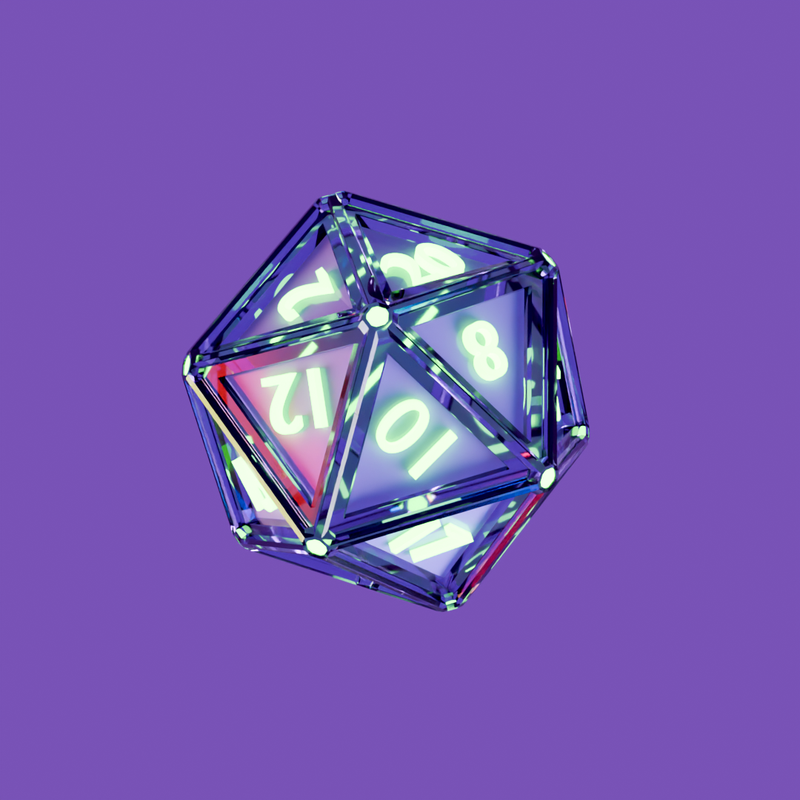 Transparent shiny glowing purple polyhedral D12 12-sided dice with glowing numbers on a purple background. 3rd step of the 3d animation.
