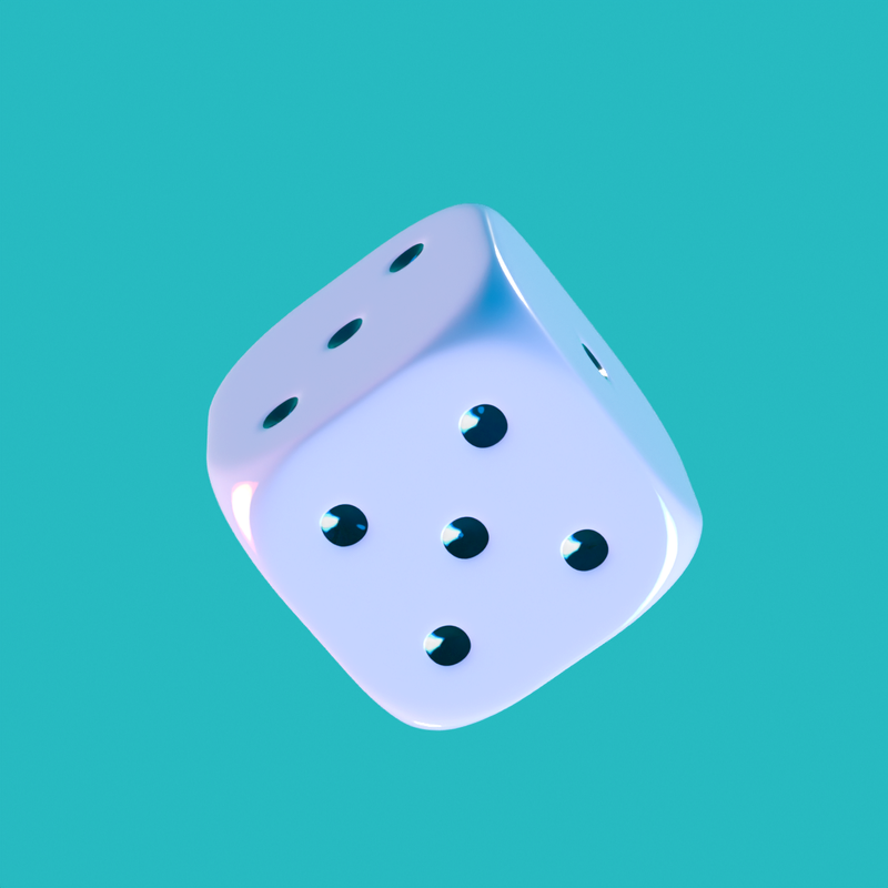 White traditional standard d6 6-sided die with black dots on a teal background, 1st step of the 3d animation.