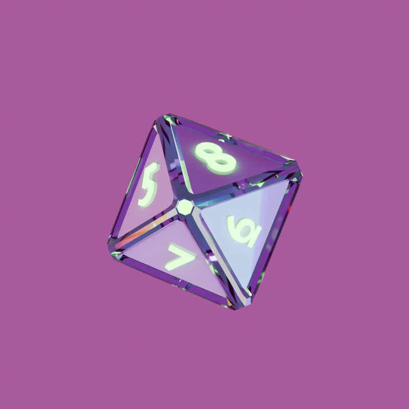Transparent purple polyhedral D8 8-sided dice with glowing numbers on a pink background. 2rd step of the 3d animation.