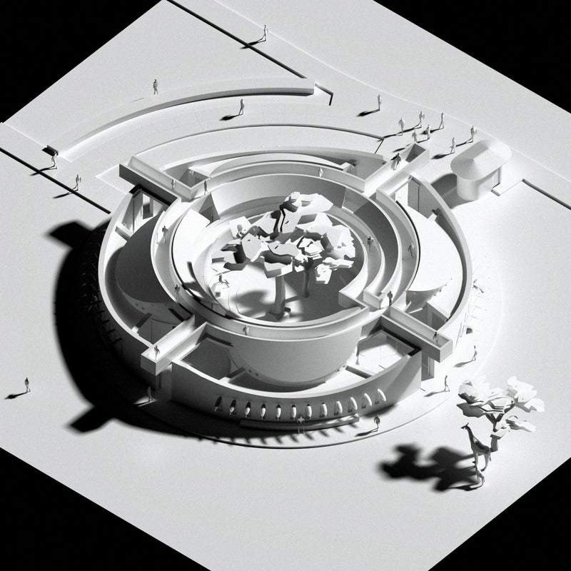 3D architectural model & render of a Masai Mara Convention Center done in a layered paper aesthetic.