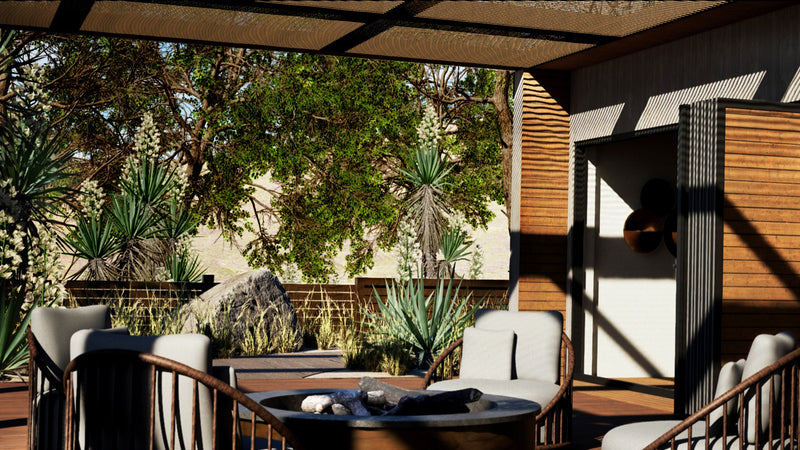 Outdoor patio area with chairs, table, and plants under a wooden pergola. Expert 3d Architectural Building Render and Design, furniture design.