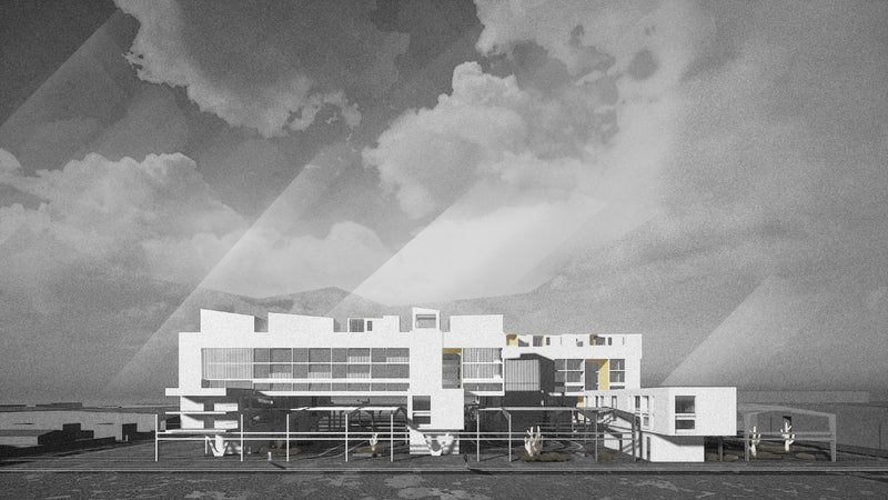 Street View Facade Render of the Dubai Worker's Housing Project. Showing the Humanitarian Focus of the project with sophisticated microhousing. Beautifully rendered to show nature and shadows.