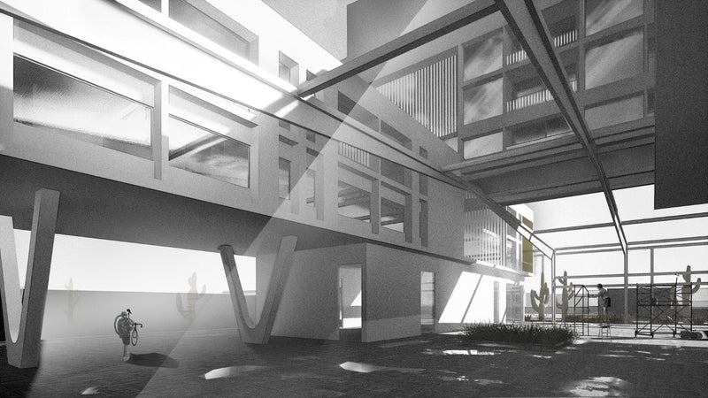 Modern architectural design with geometric structures showing the floor plan and foundation of the Dubai Worker's Housing Project. Figures and environmental features included.