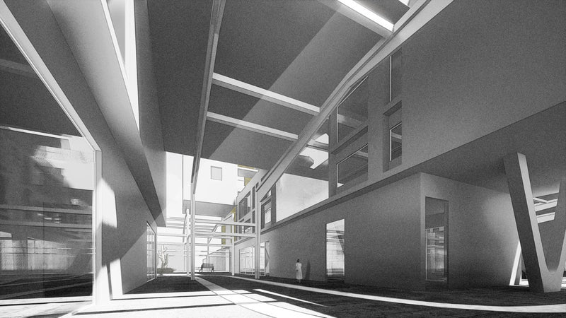 Modern architectural interior with geometric ceiling design. Rendered for the Dubai Worker's Housing Conceptual Building Architectural Project- This Render shows a Floor Level Hallway.