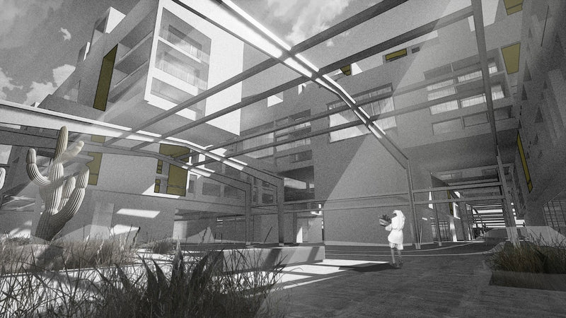 Schematic design of a modern building interior with glass walls and geometric shapes. Rendered for the Dubai Worker's Housing Project, it's a floor level shot with figures and expertly planned features.