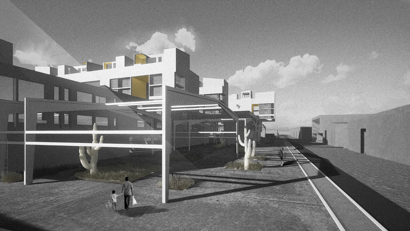 Mordern Render of the Dubai Worker's Housing Project, section showing an action shot of the side of the building, cantilevered rooms with local roads and causeway.