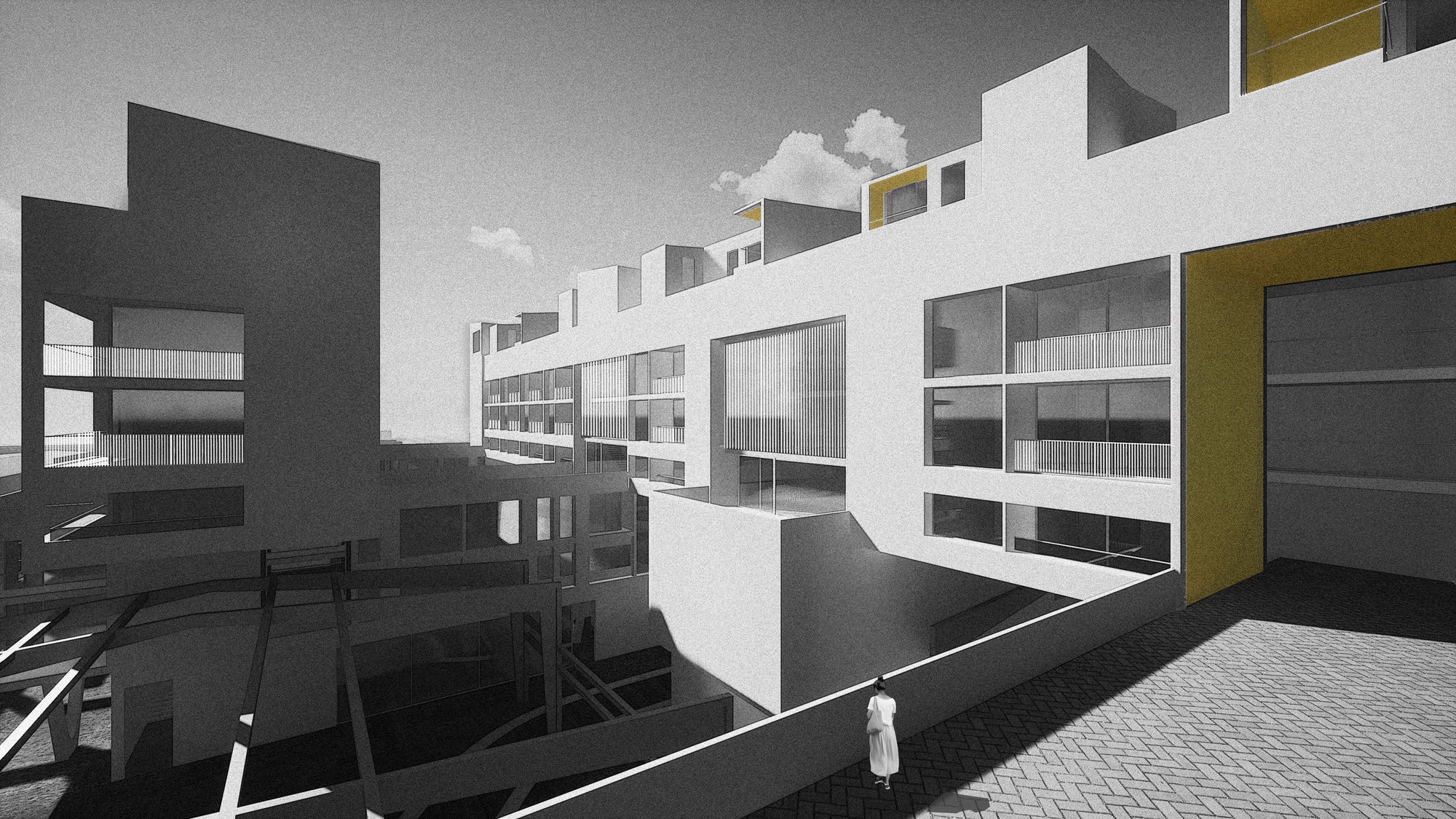 Highly sophisticated Modern architectural design render of a building complex bracing, showing balconies and rendered with a touch of surrealism.