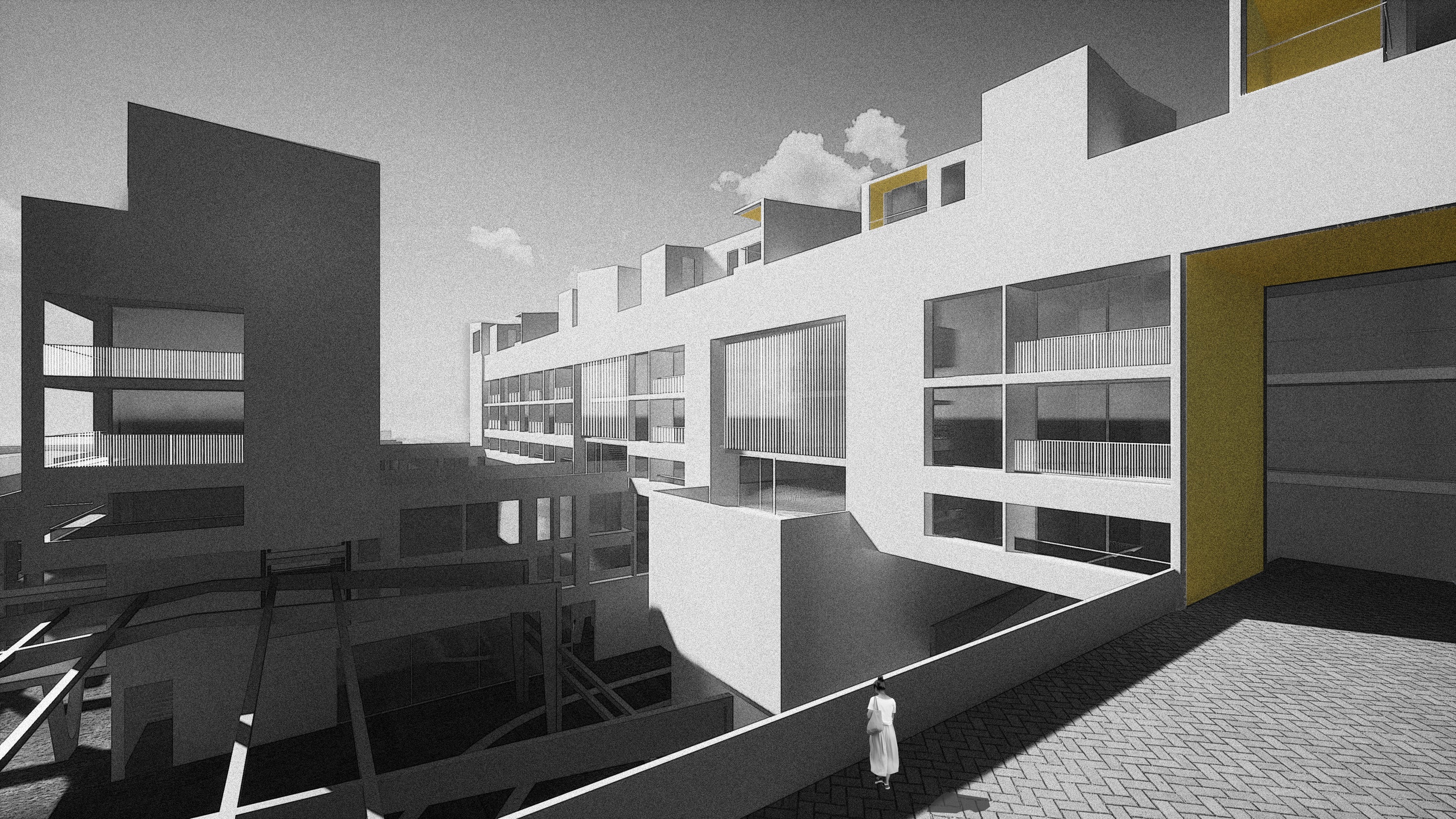 Highly sophisticated Modern architectural design render of a building complex bracing, showing balconies and rendered with a touch of surrealism.