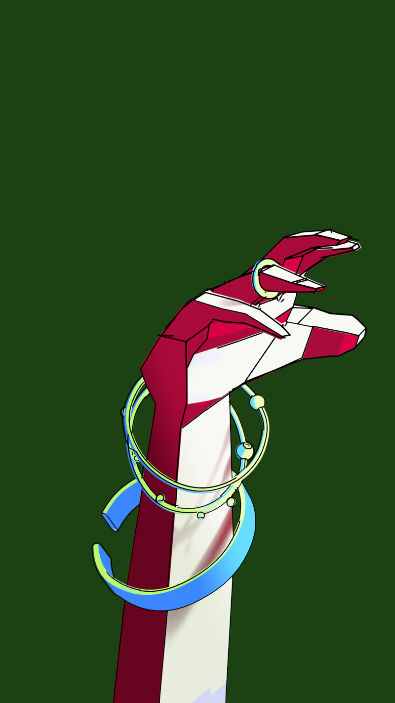 Jewelery and Inheritance product render of 3D illustration style cartoon effect showcase. Different precious Bracelets Rotating around an arm. Red Arm on Green Background.