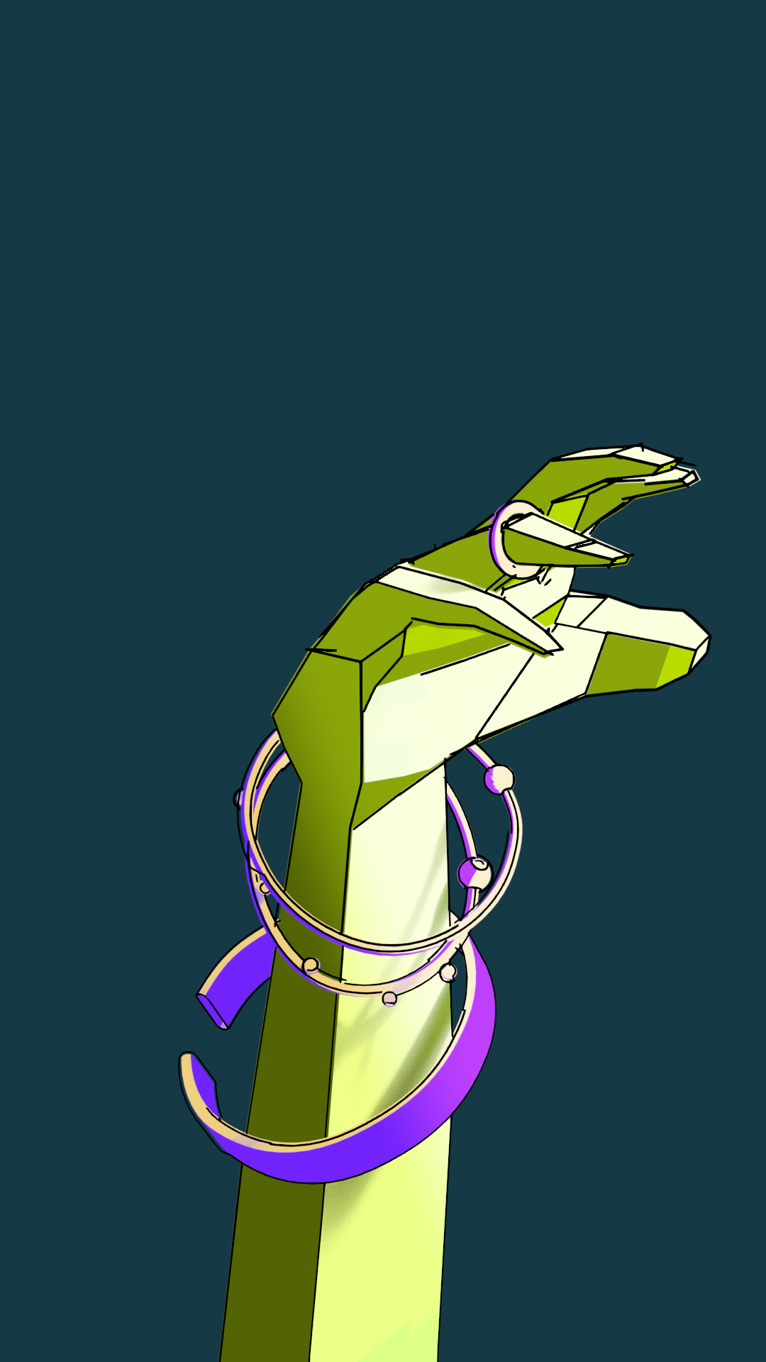 Jewelery and Inheritance product render of 3D illustration style cartoon effect showcase. Different precious Bracelets Rotating around an arm. Yellow Arm on Purple Background.