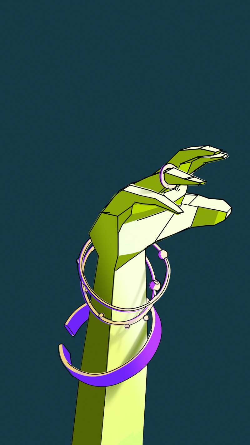 Jewelery and Inheritance product render of 3D illustration style cartoon effect showcase. Different precious Bracelets Rotating around an arm. Yellow Arm on Purple Background.