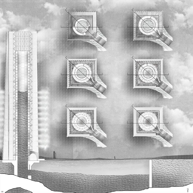 Technical drawing of a the memorial's cross-sections with labeled components and perspective lines.