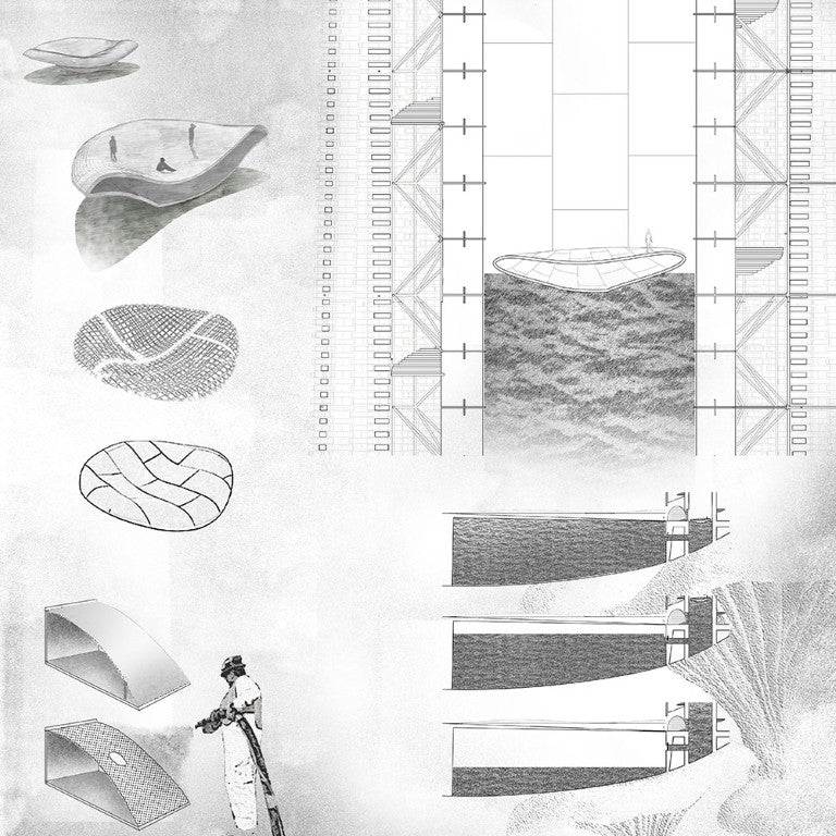 Black and white architectural drawings and models of the memorial's floating elevator and siphon effect.