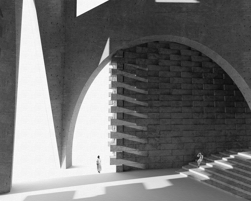 Kiribati Nuclear Bomb Memorial Staircase Entryway Render with Tourism People sitting down and walking through. Rotated Bricks and monumental concrete arches 3d Architectural Concept Render.