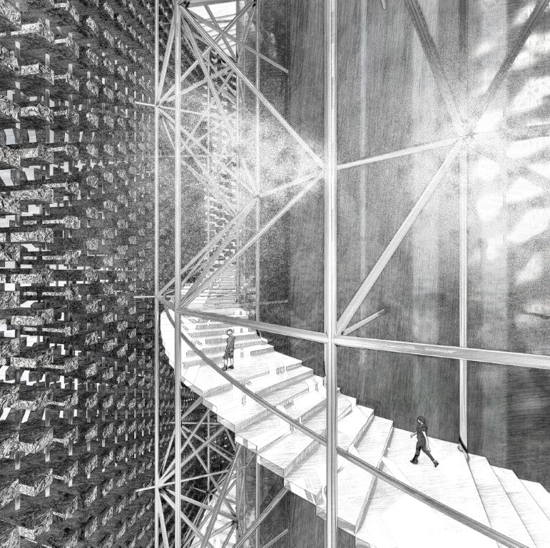 Black and white architectural illustration render of a building with brutalist style scaffolding suspending a staircase around a central elevator.