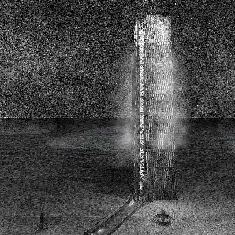 Tall, cylindrical render of the kiribati nuclear bomb memorial project on a dark night sky with an ambient glow from the internal lights. An expert conceptual, experimental building design render, a local government historical building design proposal.