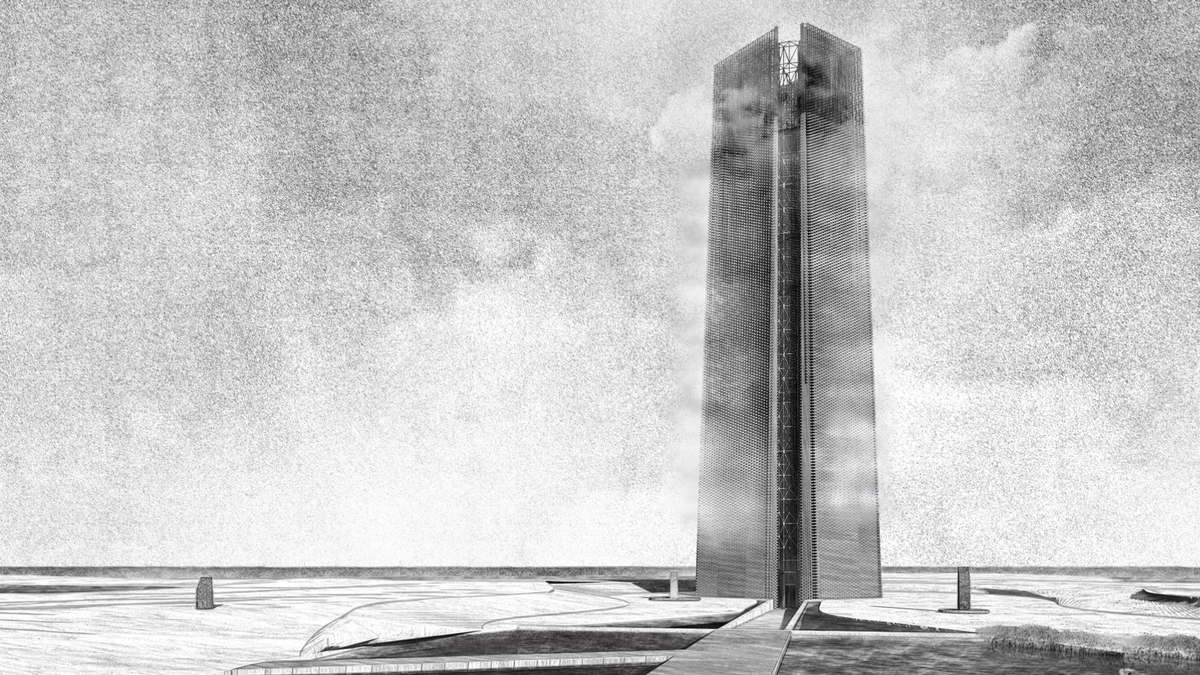 Monumental architectural structure - the kiribati nuclear memorial project, a tower with a facade of muchroom brick that rotates to show a natural elevator inside, set against a cloudy sky. An expert conceptual, experimental building design render, it's a building preview visualisation.