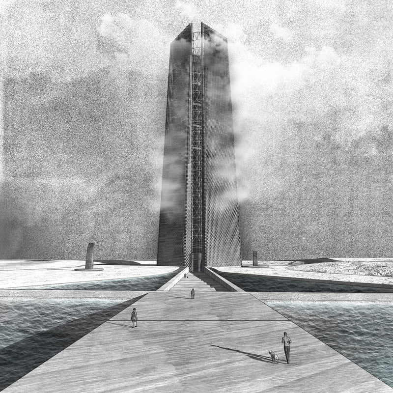 Pencil sketch style render of a tall, rectangular monument the kiribati memorial with a central opening, surrounded by a wide pathway and small figures that extends over the ocean.