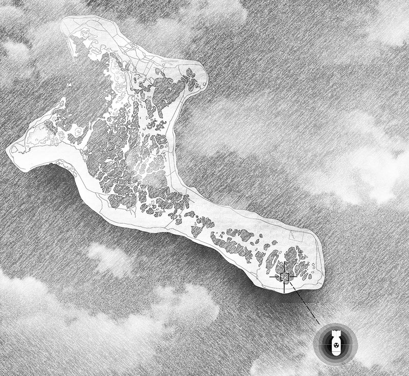 Topographic map of a coastal area with  island and surrounding water and the location where a nuclear bomb was dropped marked on a map.
