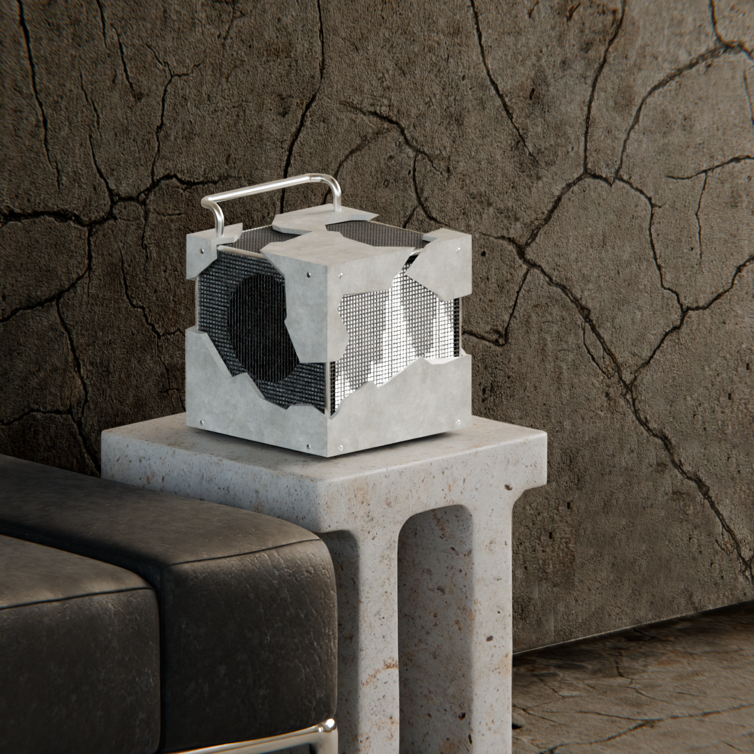 closeup lifestyle render of the speaker on the marble side table with a textured clay broken wall behind it