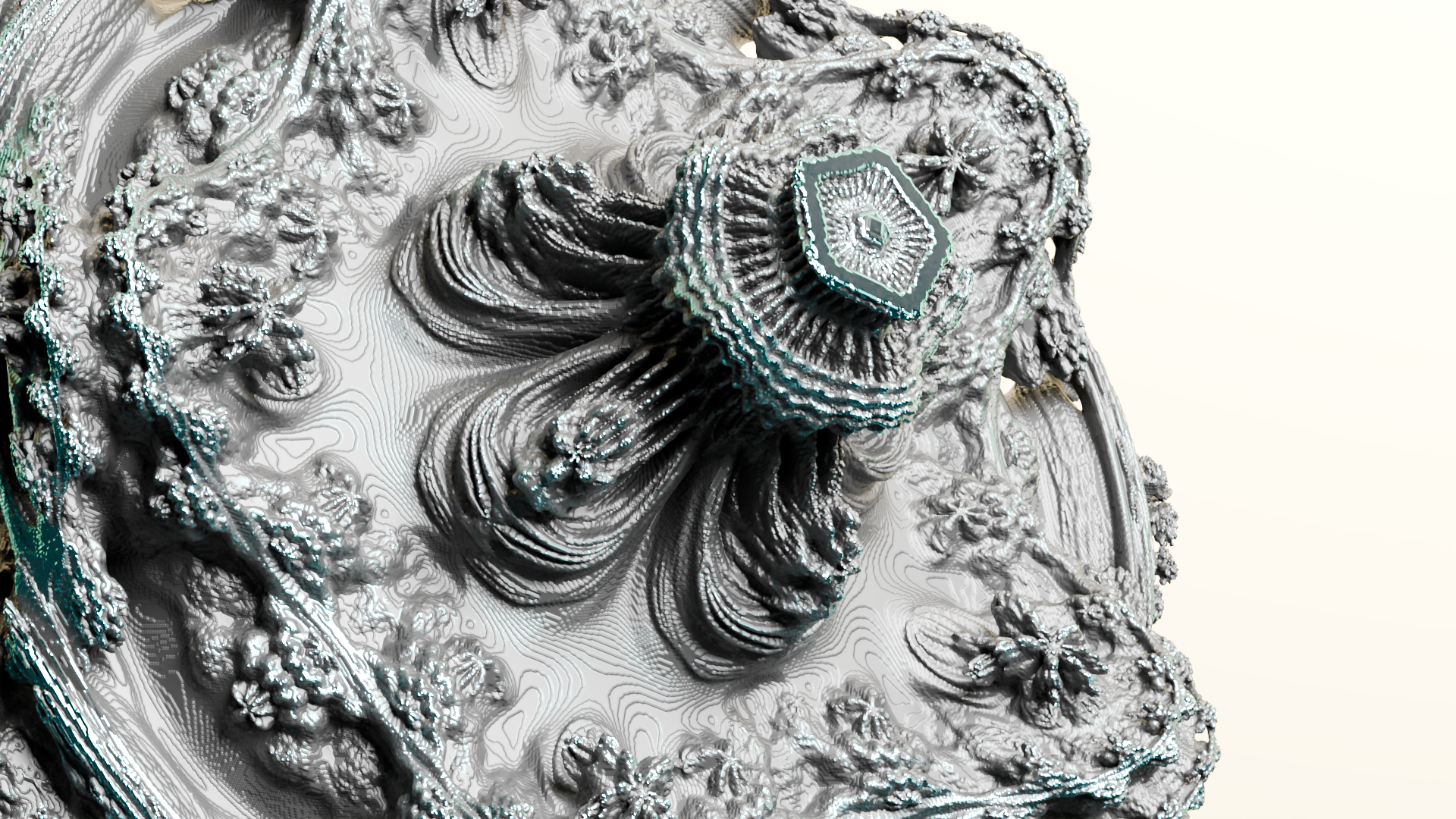 Zoomed in view of the mandelbulber 3d art project showing the smaller intracacies and the surreal aspet of the artwork with screaming faces blended into organic architecture.