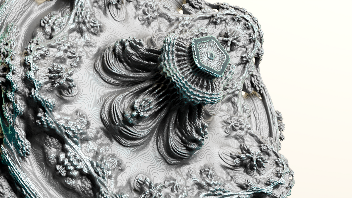 The Mandelbulber 3D animated ball 3D voxel art on beige background. Closeup on the Fractal in it's fully expanded form showing a majestic organic form that looks architectural and surreal.