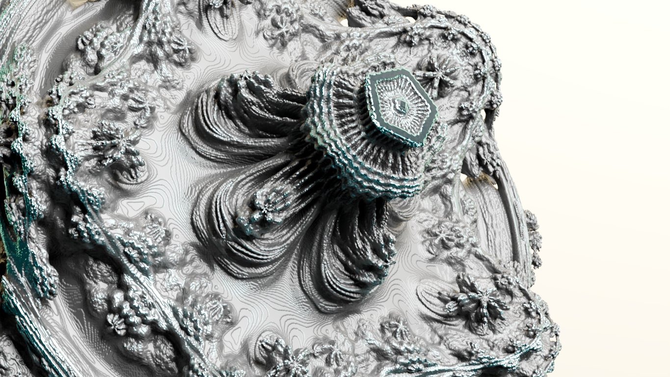 The Mandelbulber 3D animated ball 3D voxel art on beige background. Closeup on the Fractal in it's fully expanded form showing a majestic organic form that looks architectural and surreal.