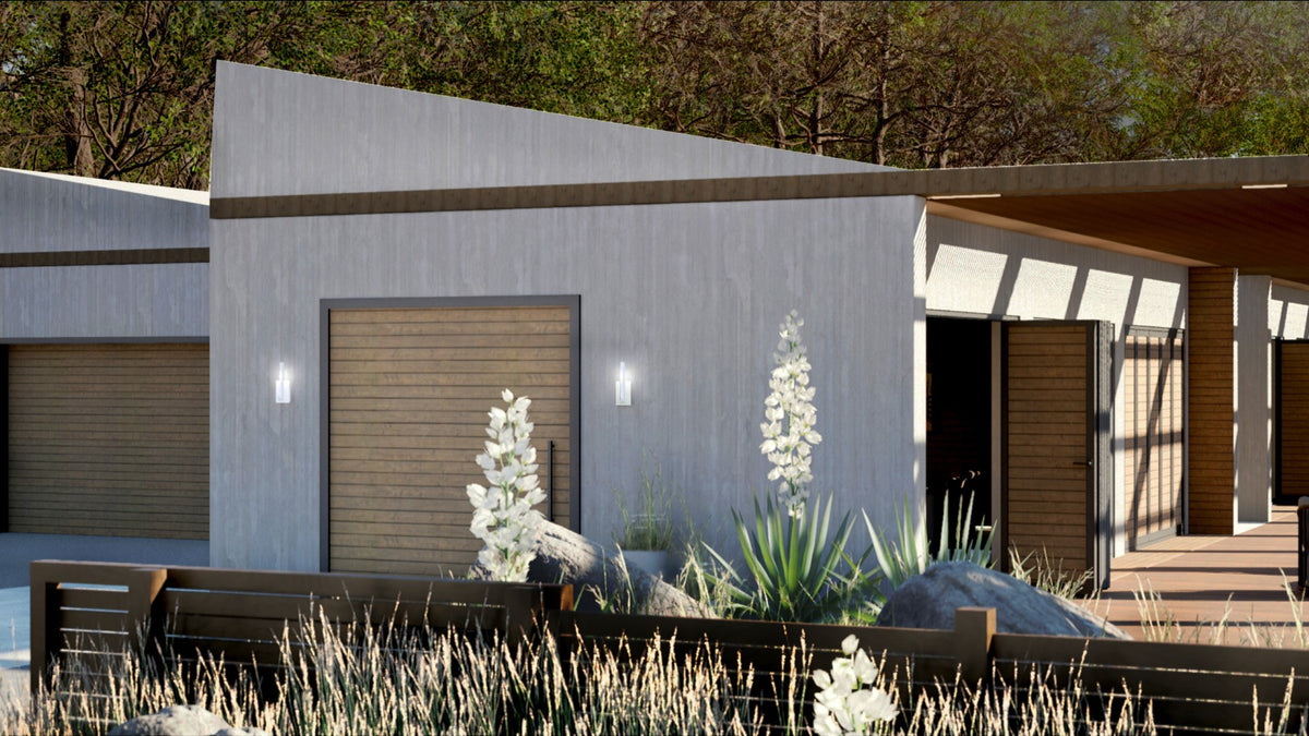 3D Rendered Modern house exterior with plants stones and an extra large oversized statement front door.