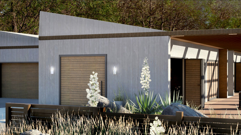 3D Rendered Modern house exterior with plants stones and an extra large oversized statement front door.