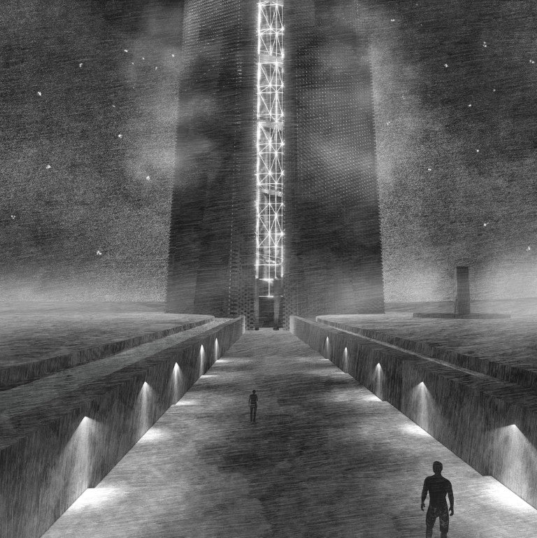 An ominious render of two figures walking towards the Kiribati Memorial down an illuminated parthway.
