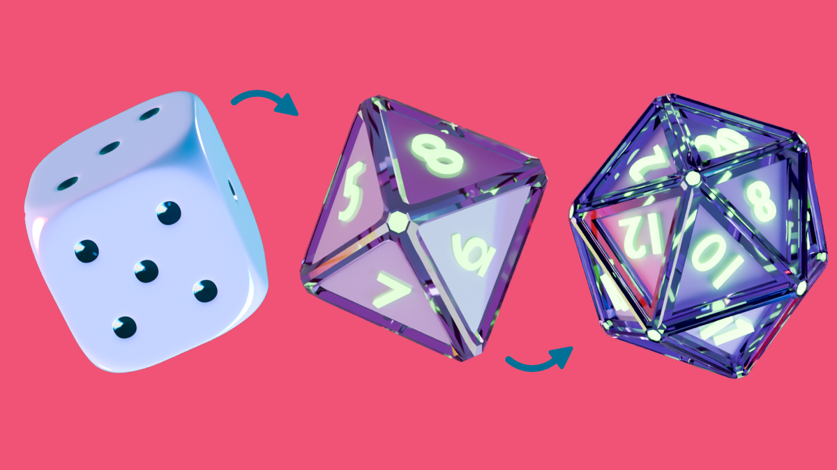 Three glowing dice on a pink background showing the different transitionary steps of this projects 3D video component. 