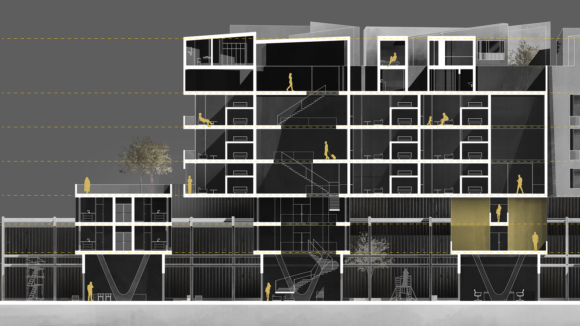 thumbnail of the perspective section we did for sharjah's worker's housing showing out skill in creating detailed perspective sections.
