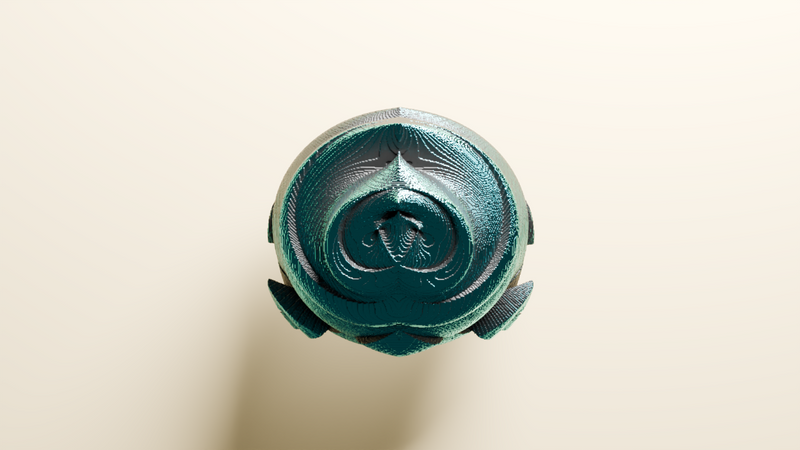 The Mandelbulber 3D animated ball 3D voxel art on beige background, second step to fractal form. Looks like a flower bud.