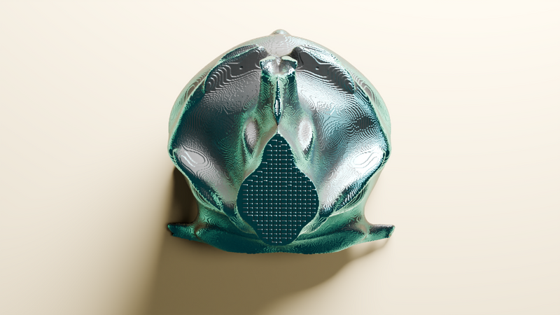 The Mandelbulber 3D animated ball 3D voxel art on beige background, third step to fractal form. Looks like a helmet.