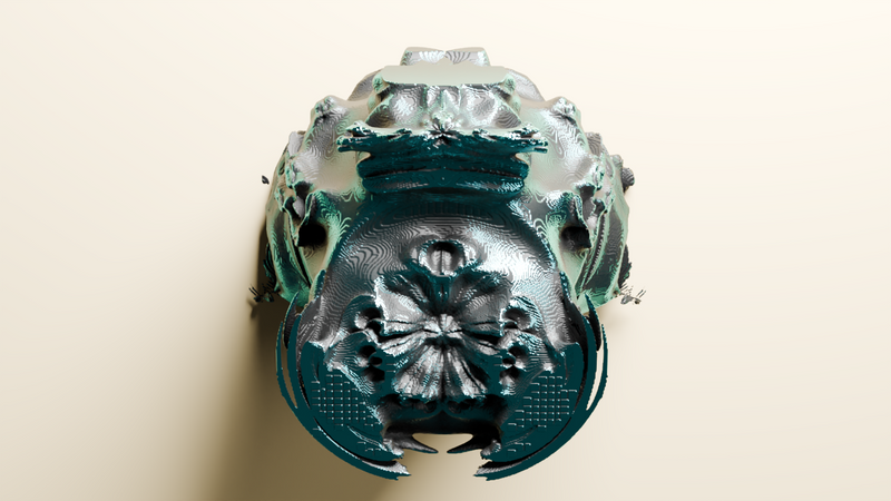 The Mandelbulber 3D animated ball 3D voxel art on beige background, fourth step to fractal form, begins to take shape, looks like a mantis.