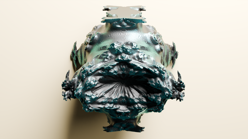 The Mandelbulber 3D animated ball 3D voxel art on beige background, fifth step to fractal form. Looks like a stretched bore.