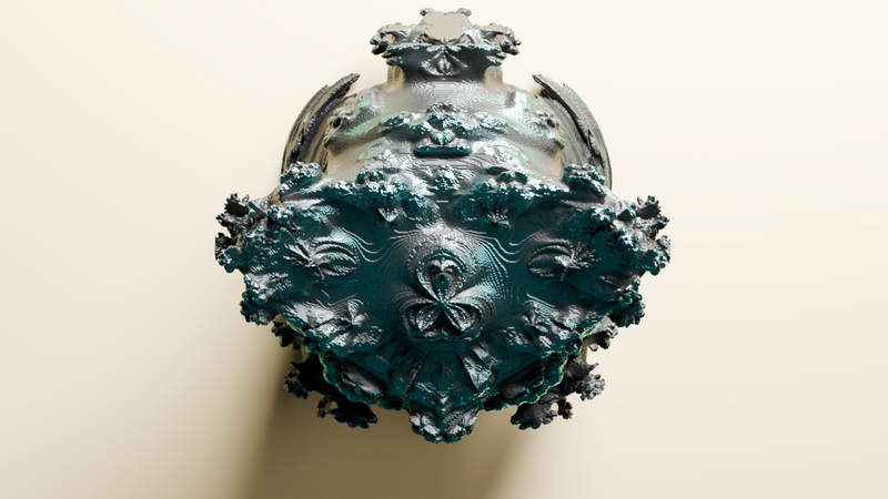 The Mandelbulber 3D animated ball 3D voxel art on beige background, sixth step to fractal form. Small branches begin to flower out.