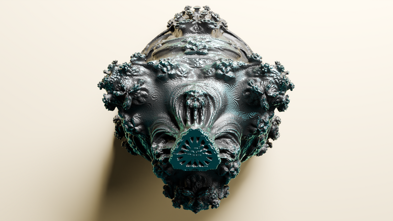 The Mandelbulber 3D animated ball 3D voxel art on beige background, seventh step to fractal form. Becomes bulbus and tree like.