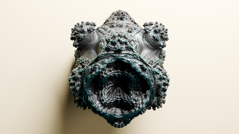 The Mandelbulber 3D animated ball 3D voxel art on beige background, second step to fractal form. Fractal with deep cavities and complex bulbous trees.