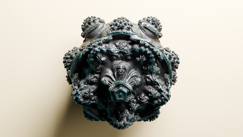 The Mandelbulber 3D animated ball 3D voxel art on beige background, second step to fractal form. Fractal completion with many complex repeating structures.