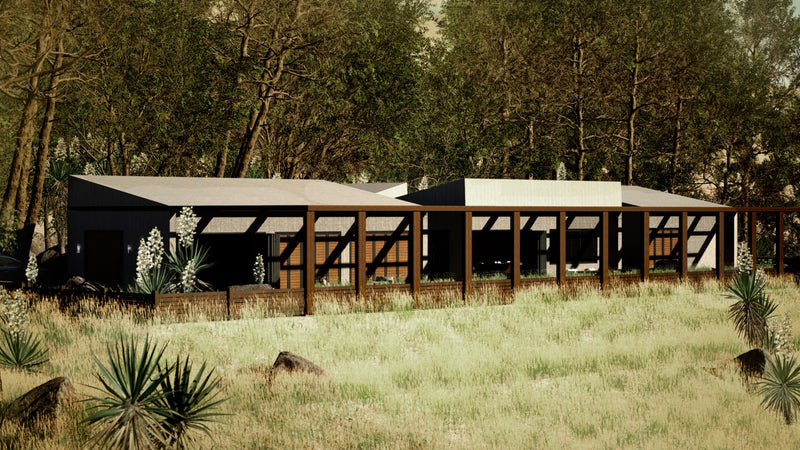 3D rendered beach villa house, architectural design building. Beautiful Exterior render of timber fence, patio and geometric roof.