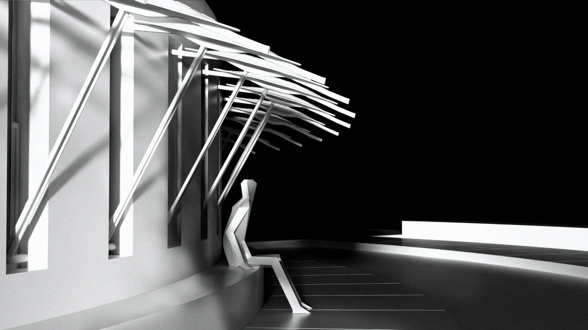 Modern architectural design, render & interiors with a paper person sitting on a bench outside. Beautifully Rendered 3D Conceptual Architectural Competition Proposal.