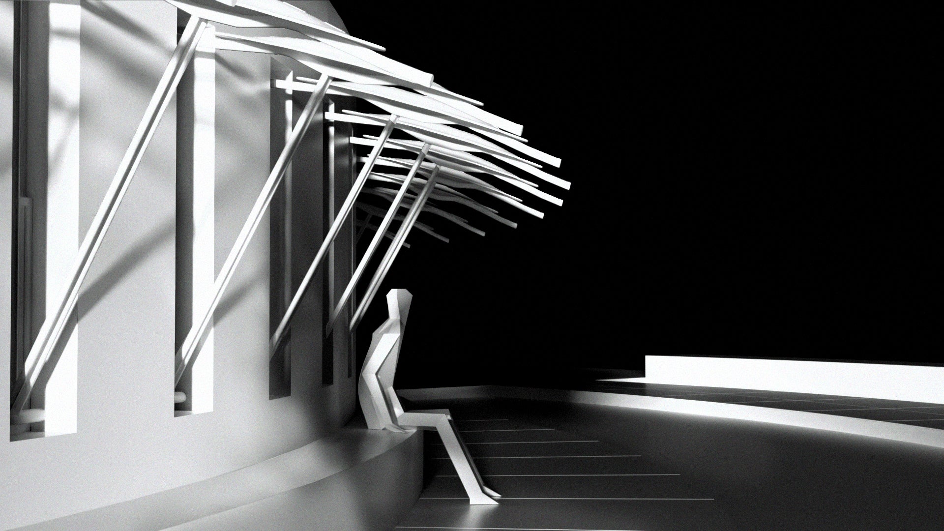 Modern architectural design, render & interiors with a paper person sitting on a bench outside. Beautifully Rendered 3D Conceptual Architectural Competition Proposal.