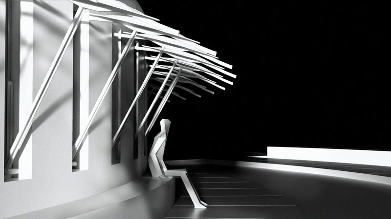 Modern architectural design, render & interiors with a paper person sitting on a bench outside. Beautifully Rendered 3D Conceptual Architectural Competition Proposal.