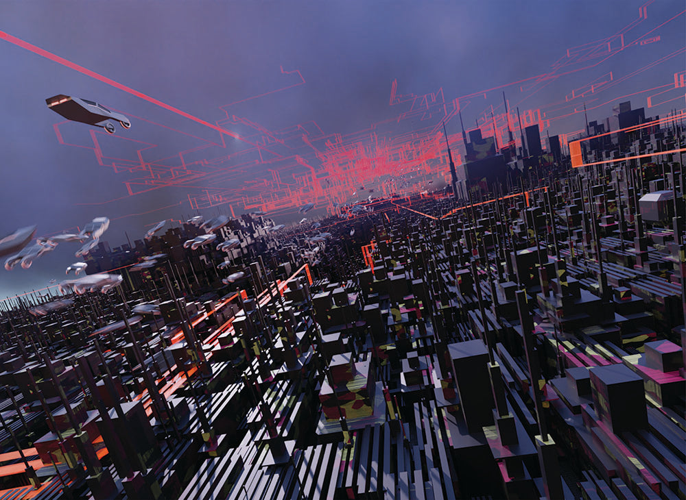 a horizontal planar render of the blade runner study showing the complex cityscape and flying futuristic cars.